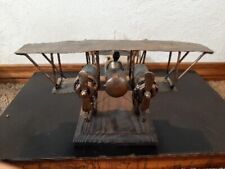 Vintage Metal Bi Plane Airplane Statue Made In Spain On Wooden Base picture