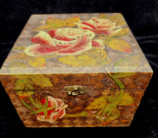 Antique Early 1900's Hand Carved Wooden Box Cabbage Roses & Latch 8.25