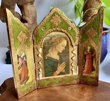 Vintage Italian Florentine Triptych Wood Religious Altar Icon Madonna Green Gold picture