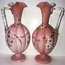 Pair Of Antique Pink Glass Ewer Vases Gilt Hand Painted  picture