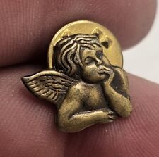 VTG Lapel Pinback Hat Pin Gold Tone Baby Angel Thinking Religious  picture