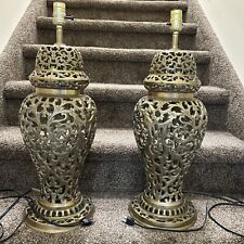 RARE Set of TWO Vintage Brass Open Fretwork Cage Design Lamps, 2 Yd Cord,HEAVY picture
