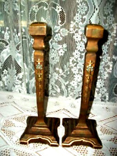 1910 ARTS & CRAFTS CANDLE HOLDERS BARBOLA POLYCHROME WOOD FAUX BRONZE FINISH picture