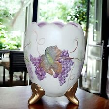 Vintage Hand-Painted Low Relief Leafy Purple Grapes Tri-footed Egg Shaped Vase picture