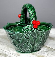Vintage Lefton Christmas Green Holly Berry Small Handled Candy/ Nut Basket-Japan picture
