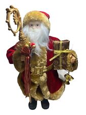 Merry Brite Red Gold Standing Old World Santa Figure W/Gift Bag & Staff 18