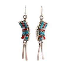 NATIVE DELLA & JAMES FRANCIS STERLING SILVER TURQUOISE CORAL MOP INLAY EARRINGS picture