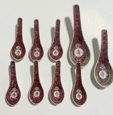 Vintage (Rose Lotus) Chinese Mun Shou Longevity Pattern Soup Spoons Set of 9 picture