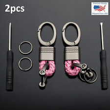2pcs Pink Woven Leather Fob D-Ring Buckle Keychain Key Split Rings Holder Clip picture