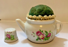 Vintage Porcelain Teapot Pin Cushion and Thimble picture