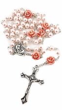Catholic Pink Pearl Beads Rosary Our Rose Necklace Holy Soil Medal Cross 19