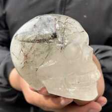 2.27lb Natural Rutile Quartz Hand Carved Skull Crystal Energy Reiki Healing Gem picture