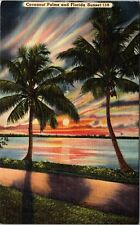 FL-Florida, Colorful Sunset Lake View, Coconut Palms c1945 Vintage Postcard picture