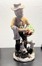 VTG Decor Farmer Holding Basket Of Carrots with Rooster Ceramic Figurine 7.5” picture