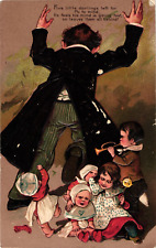 1912 Father Caring for Five Young Children Humor Embossed Postcard picture