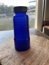 Merck Cobalt Ribbed Screw Top Pharmacy Or Poison Bottle.  Bake light Lid. 1920s picture