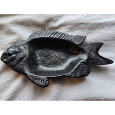 Vintage Cast Iron Fish Ashtray Trinket Dish Japan Black 7.75" Spoon Rest  MCM picture
