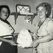 Vintage Black and White Photo Large Obese Women Holding Tiered Cake Smiling picture