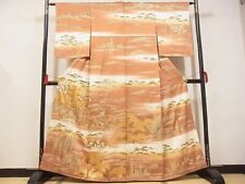 Japanese Kimono Silk Houmongi, Embroidery/Landscape&Flower/Gold Thread,161/63/57 picture