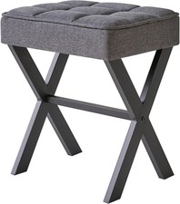 Square Makeup Stool with X-Leg, Linen Vanity Chair, Dark Gray -70G(Footrest picture