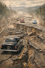 MODERN Disaster Postcard Earthquake Highway Scene Old Cars Surreal D191 picture