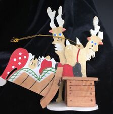 Christmas ornament Schmid EMGEE 4.25” wooden Santa feet up on his desk & 2 deer picture
