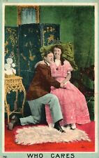 Vintage Postcard 1909 Who Cares Portrait of Sweet Couple Lovers Romance Artwork picture