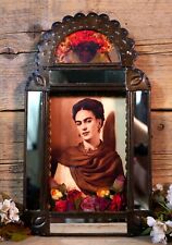 Retablo Frida Kahlo Artist Handmade Metal Mirrored Panels Roses Mexico Folk Art picture