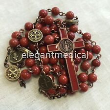 Red Carnelian beads Vintage Catholic St. Benedict 5 DECADE Rosary Cross Necklace picture