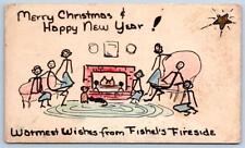 1957 HANDMADE CHRISTMAS POSTCARD FISHEL'S XMAS SEAL STICK FIGURES PEOPLE AMHERST picture