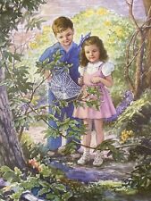 Children boy girl spiderweb￼ Vintage Sunday School Story Board 10x14 picture