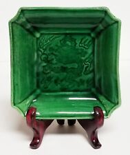 VINTAGE CHINESE INCISED GREEN-GLAZED DISH ~ QING ~DRAGON /CLOUD DESIGN~ w/ STAND picture