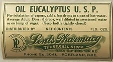 Rare Vintage 1930s Oil Eucalyptus Label, Lents Pharmacy, Portland, OR, Historic picture