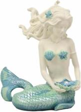 Nautical Aqua Capiz Blue Tailed Mermaid Ariel Holding Pearl In Clam Shell Statue picture