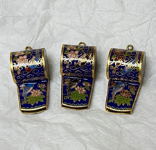 Lot of 3 VTG Chinese Cloisonné Enamel Whistle Pendants - Cobalt Blue Floral Bird picture