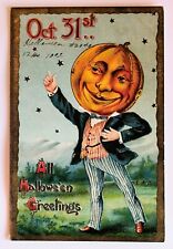 Vtg Happy Halloween All Hallowe'en Greetings Oct 31st Pumpkin Head Postcard A1 picture