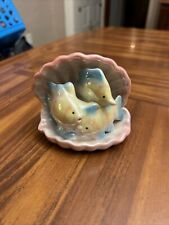 Vintage Iridescent Ceramic 3 Little Fish In Clam Shell Yellow Blue Pink picture