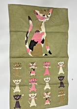 Tammis Keefe Vintage Feline Genetics Linen Tea Towel Olive Pink Domestic Fauna picture