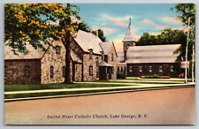 Vintage Postcard NY Lake George Sacred Heart Catholic Church Street View -4796 picture
