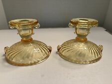 Pair of Depression Glass Candlestick Holders Double Scroll Swirl Yellow 5”x4” picture