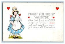 c1910's Valentine Girl Crying Dress Apron Hat Hearts  Posted Antique Postcard picture