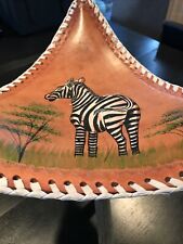 Vintage 3-Legged Stool With Leather Hand Painted Seat From Africa picture