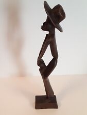 Vintage Tall Skinny Man With Hat Drum Carved Wood Folk Art Figurine  picture