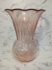 Pink Depression Glass Vase Ruffled Fan Top Pineapple Waffle Base 8" Vtg picture