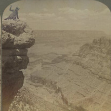 1903 WOMAN ON EDGE OF GRAND CANYON THROWING ROCK OVER ARIZONA STEREOVIEW 23-22 picture