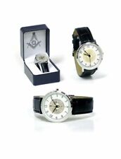 Masonic Men's Wrist Watch Leather Band Gold Tone Square and Compass Freemasons picture