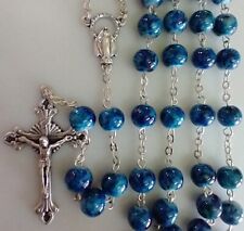 Catholic 8mm Blue Glass 5 Decade Rosary Silver Tone Crucifix, Italy FS picture