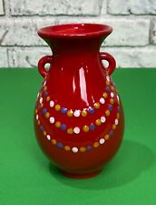 Vintage 6” Ceramic Bud Vase  Red & Blue, Gold And White Hand Dot Painted picture