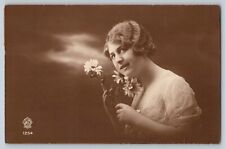 Postcard RPPC Photo Young Lady Woman With Flowers Belgium Stamp picture