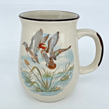 VTG Stoneware Coffee Mug Flying Mallard Ducks Wetlands Cabincore 16 oz Unsigned picture